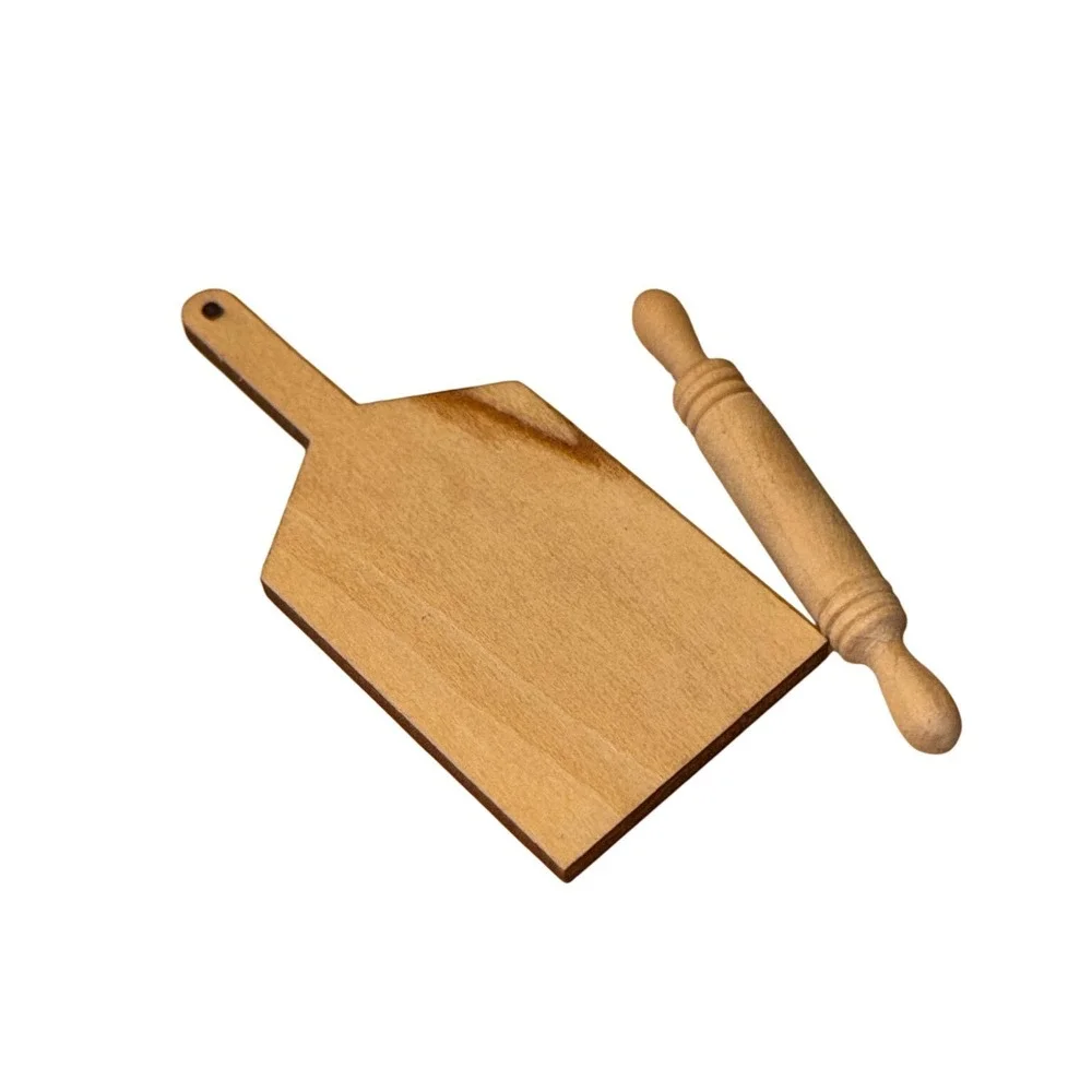 Miniature Wooden Cutting Board and Rolling Pin Set Dollhouse Kitchen Accessories
